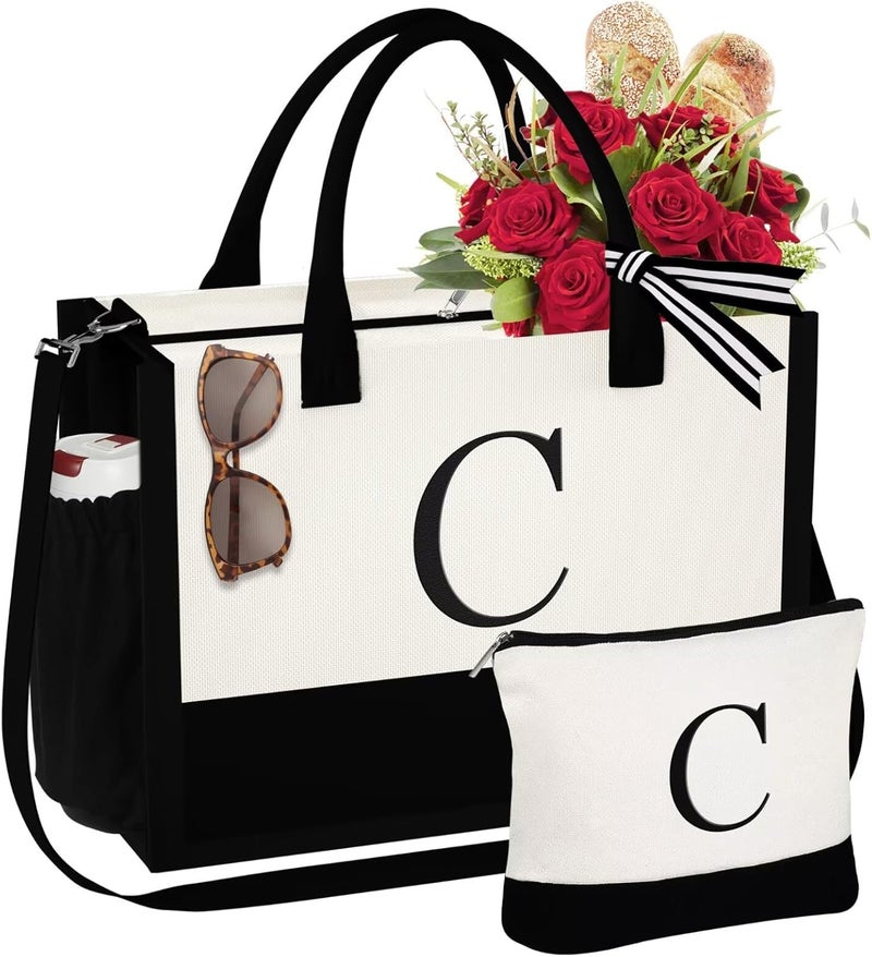 YOOLIFE Valentines Day Gifts for Women - Initial Canvas Tote Bag & Makeup Bag, Birthday Gifts for Women Mom Sister Friends - Image 1
